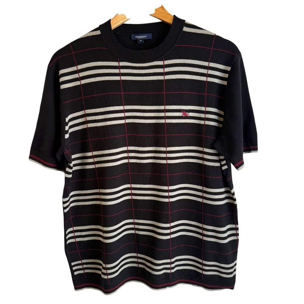 Burberry London Vintage Black, Grey Stripe Knit Short Sleeve Crewneck Sweater